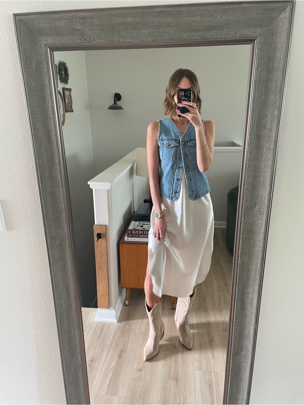 Vintage Silky Ivory Slip Dress with Lace V-Neck